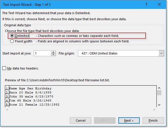 Tùy chọn Delimited